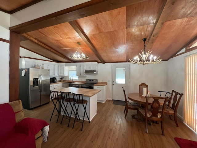 123 Rocky Rd, Lackawaxen, PA 18435 - kitchen featuring stainless steel fridge, electric range, a chandelier, wooden ceiling, and white cabinets