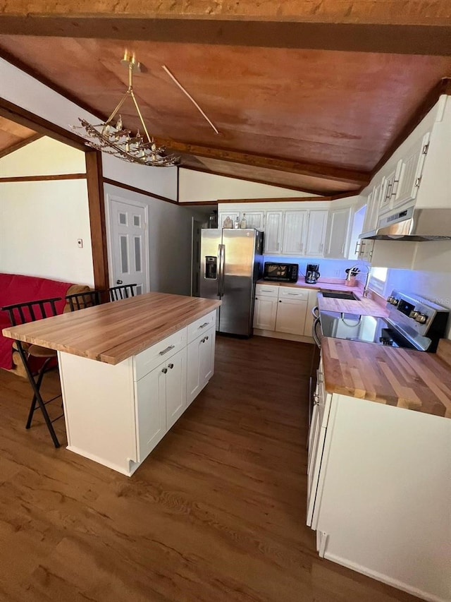 123 Rocky Rd, Lackawaxen, PA 18435 - kitchen featuring wood counters, stainless steel appliances, white cabinetry, and dark wood-style floors