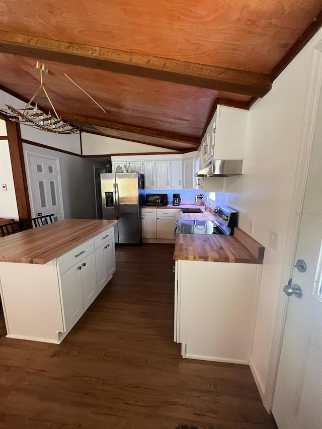 123 Rocky Rd, Lackawaxen, PA 18435 - kitchen with wooden counters, stainless steel fridge, stove, dark wood finished floors, and exhaust hood