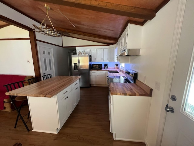 123 Rocky Rd, Lackawaxen, PA 18435 - kitchen with wood counters, stainless steel fridge, extractor fan, dark wood-style floors, and white cabinetry