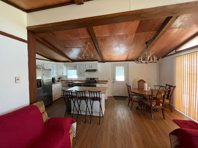 123 Rocky Rd, Lackawaxen, PA 18435 - dining area featuring wooden ceiling, a chandelier, and dark wood-style flooring