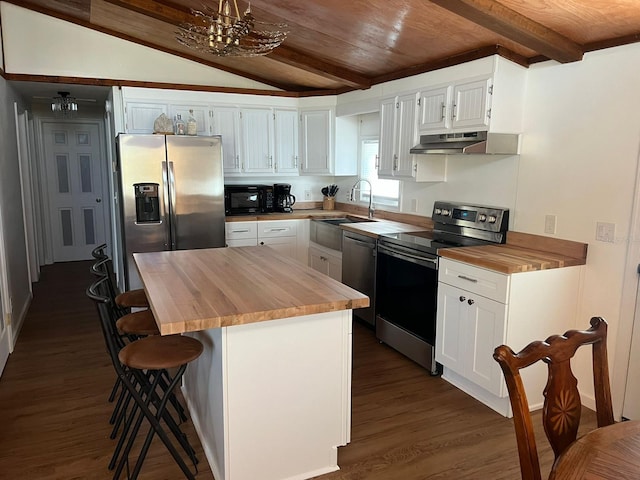 123 Rocky Rd, Lackawaxen, PA 18435 - kitchen with stainless steel appliances, butcher block counters, dark wood-style floors, under cabinet range hood, and wood ceiling