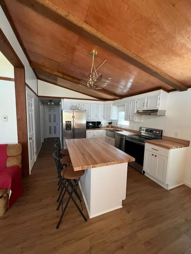 123 Rocky Rd, Lackawaxen, PA 18435 - kitchen featuring stainless steel appliances, butcher block counters, dark wood-style floors, under cabinet range hood, and white cabinets