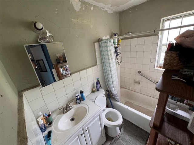 6951 NW 5th Ct, Miami, FL 33150 - bathroom featuring tile walls, vanity, shower / bathtub combination with curtain, and backsplash
