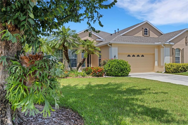3503 92nd Ave E, Parrish, FL 34219 - view of front of property featuring stucco siding, an attached garage, a front lawn, roof with shingles, and driveway