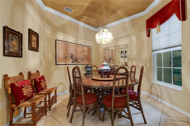 3503 92nd Ave E, Parrish, FL 34219 - dining area featuring light tile patterned floors, crown molding, and a chandelier