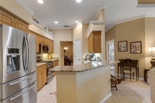 3503 92nd Ave E, Parrish, FL 34219 - kitchen featuring stainless steel appliances, light tile patterned floors, a peninsula, ornamental molding, and light stone countertops
