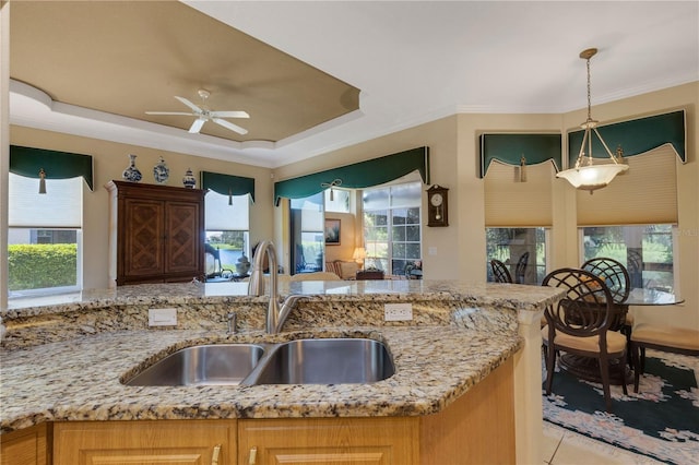 3503 92nd Ave E, Parrish, FL 34219 - kitchen with ceiling fan, light stone countertops, pendant lighting, ornamental molding, and open floor plan