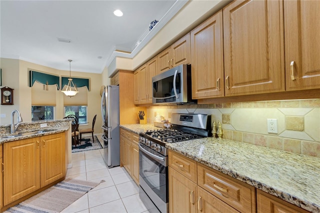 3503 92nd Ave E, Parrish, FL 34219 - kitchen with appliances with stainless steel finishes, crown molding, light stone countertops, light tile patterned floors, and backsplash