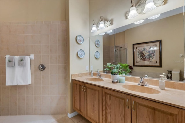 3503 92nd Ave E, Parrish, FL 34219 - bathroom with tiled shower, double vanity, and tile patterned flooring