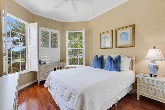 3503 92nd Ave E, Parrish, FL 34219 - bedroom with dark wood finished floors, crown molding, and a ceiling fan