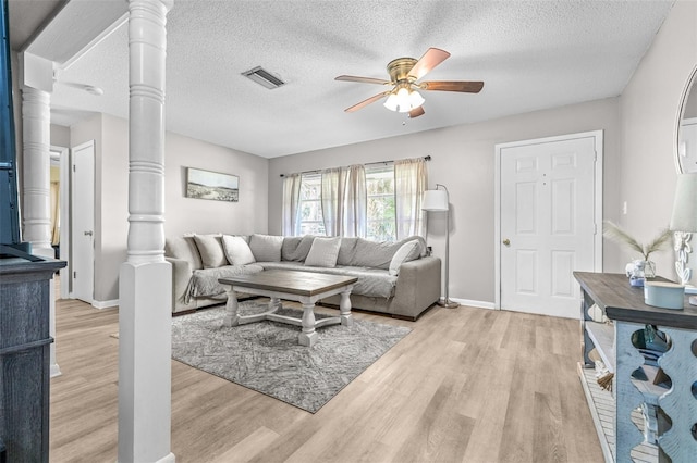 6607 S Merleing Loop, Floral City, FL 34436 - living area with a ceiling fan, light wood-style floors, ornate columns, and a textured ceiling