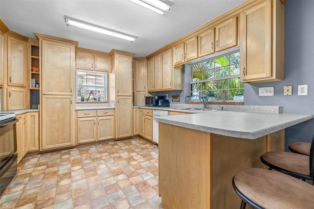6607 S Merleing Loop, Floral City, FL 34436 - kitchen featuring light brown cabinets, white dishwasher, light countertops, a peninsula, and a breakfast bar area