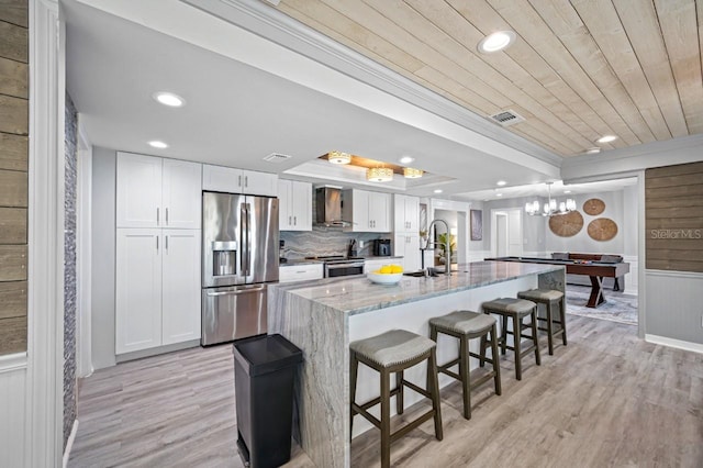 4545 Harbor Hills Dr, Largo, FL 33770 - kitchen with stainless steel appliances, a breakfast bar area, white cabinets, light wood-type flooring, and recessed lighting