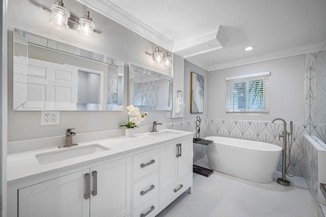 4545 Harbor Hills Dr, Largo, FL 33770 - full bathroom featuring crown molding, a soaking tub, double vanity, and recessed lighting