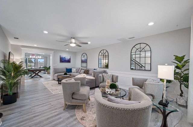 4545 Harbor Hills Dr, Largo, FL 33770 - living room featuring recessed lighting, ceiling fan, and light wood-type flooring