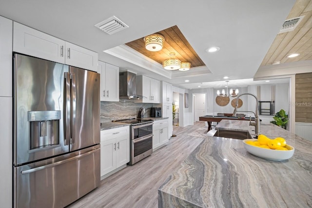 4545 Harbor Hills Dr, Largo, FL 33770 - kitchen with a raised ceiling, appliances with stainless steel finishes, light wood-type flooring, white cabinets, and wall chimney exhaust hood
