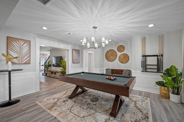 4545 Harbor Hills Dr, Largo, FL 33770 - game room with billiards, wood finished floors, a chandelier, recessed lighting, and a wainscoted wall