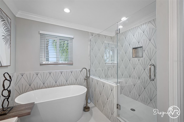 4545 Harbor Hills Dr, Largo, FL 33770 - bathroom featuring crown molding, a freestanding tub, tile walls, a stall shower, and recessed lighting