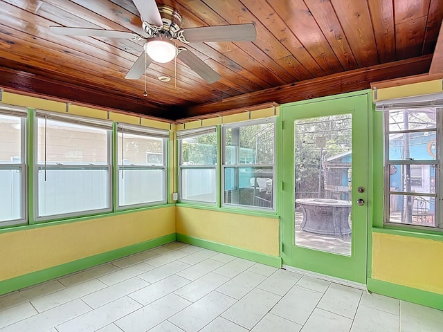 6428 Old Main St, New Port Richey, FL 34653 - unfurnished sunroom with wood ceiling, ceiling fan, and tile patterned floors