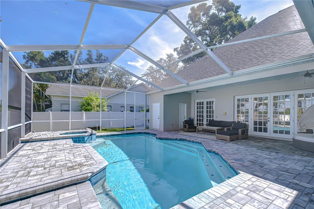 3012 Colonial Ridge Dr, Brandon, FL 33511 - view of swimming pool with a ceiling fan, french doors, a patio area, and an outdoor living space