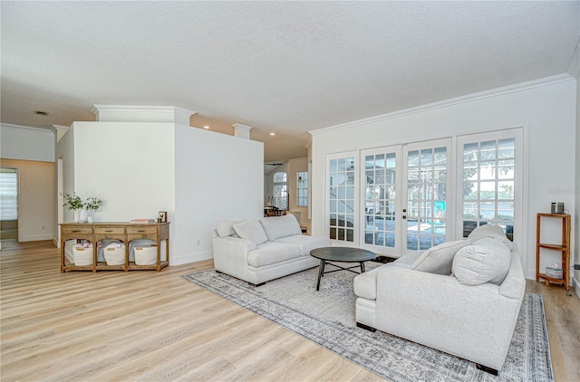 3012 Colonial Ridge Dr, Brandon, FL 33511 - living room featuring wood finished floors, crown molding, french doors, and a textured ceiling