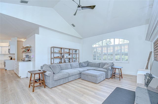 3012 Colonial Ridge Dr, Brandon, FL 33511 - living room featuring high vaulted ceiling, a ceiling fan, and light wood-style floors