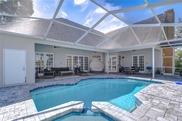 3012 Colonial Ridge Dr, Brandon, FL 33511 - view of swimming pool featuring french doors, a ceiling fan, an outdoor hangout area, a patio area, and a pool with connected hot tub