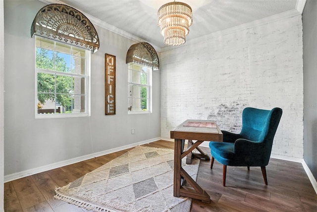 10603 Avian Forrest Dr, Riverview, FL 33578 - home office with wood-type flooring, a chandelier, brick wall, and ornamental molding