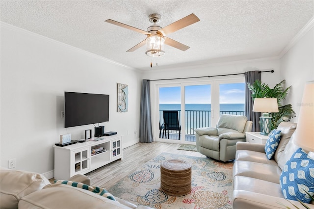 18500 Gulf Blvd Unit 503, Indian Shores, FL 33785 - living room featuring wood finished floors, a textured ceiling, ornamental molding, and a ceiling fan