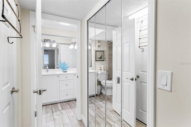 18500 Gulf Blvd Unit 503, Indian Shores, FL 33785 - bathroom with vanity, a textured ceiling, wood finish floors, and a textured wall