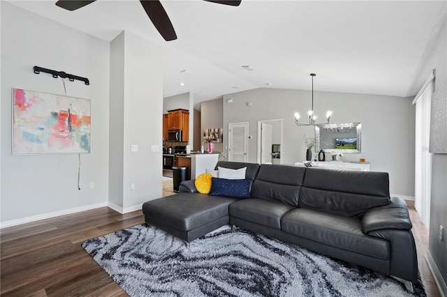 6734 Breezy Palm Dr, Riverview, FL 33578 - living room featuring wood finished floors, a ceiling fan, a chandelier, and lofted ceiling