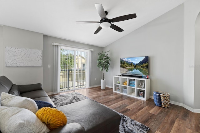 6734 Breezy Palm Dr, Riverview, FL 33578 - living room featuring wood finished floors, a ceiling fan, and lofted ceiling