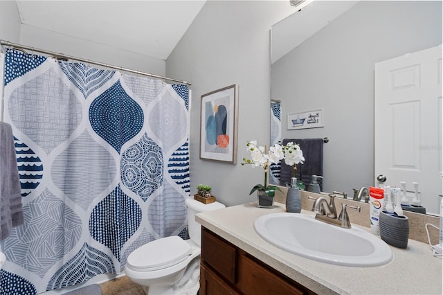6734 Breezy Palm Dr, Riverview, FL 33578 - bathroom featuring vanity, lofted ceiling, and curtained shower