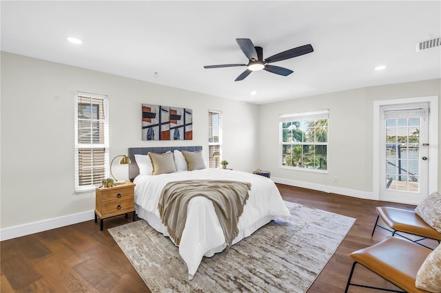 17601 Sterling Ter, Redington Shores, FL 33708 - bedroom with access to exterior, dark wood-type flooring, recessed lighting, and a ceiling fan