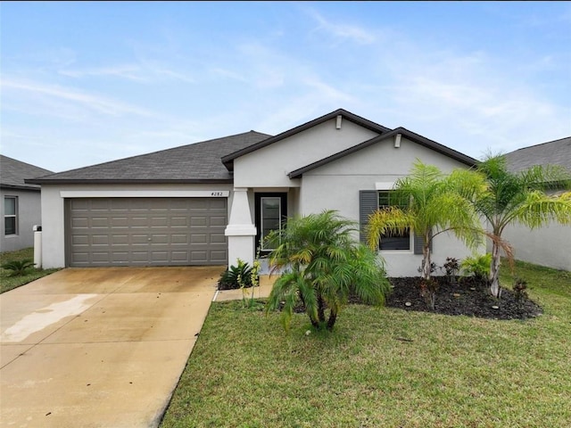 4282 Salt Springs Ln, Lakeland, FL 33811 - ranch-style house with stucco siding, an attached garage, concrete driveway, a front lawn, and roof with shingles