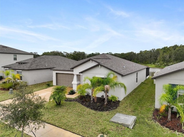 4282 Salt Springs Ln, Lakeland, FL 33811 - view of front of house with concrete driveway, a front lawn, an attached garage, a shingled roof, and stucco siding