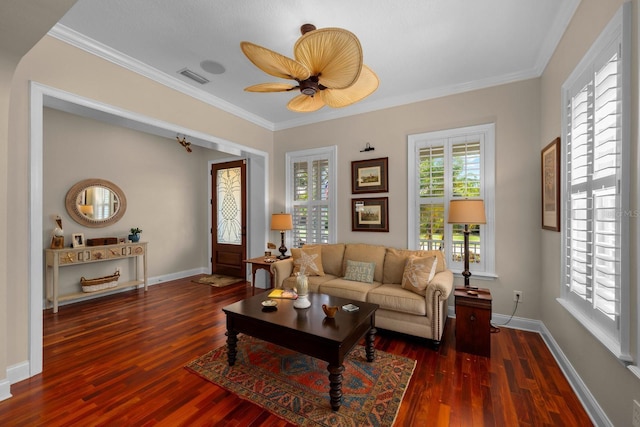 703 Islebay Dr, Apollo Beach, FL 33572 - living area featuring wood-type flooring, crown molding, and a ceiling fan