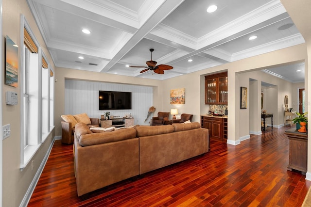 703 Islebay Dr, Apollo Beach, FL 33572 - living room with dark wood finished floors, ceiling fan, beamed ceiling, ornamental molding, and coffered ceiling
