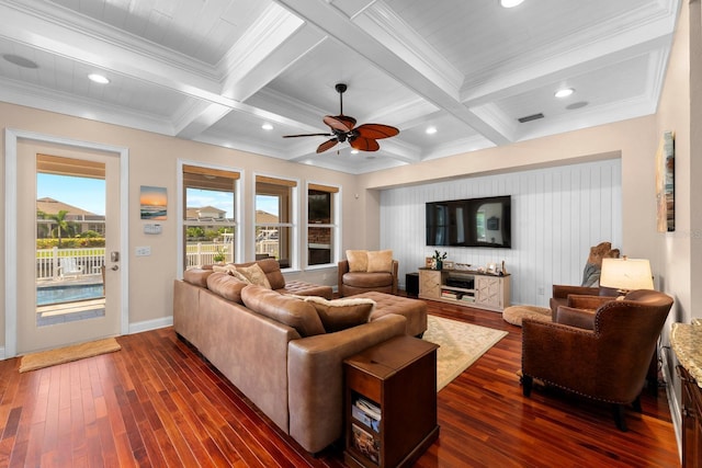 703 Islebay Dr, Apollo Beach, FL 33572 - living room with a ceiling fan, dark wood-style flooring, beam ceiling, coffered ceiling, and crown molding