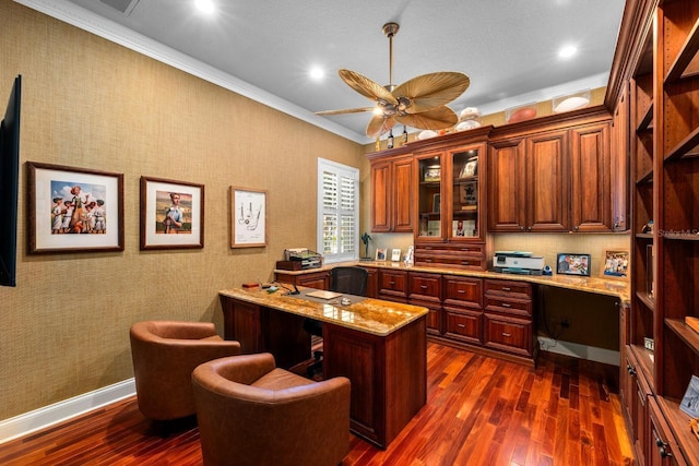 703 Islebay Dr, Apollo Beach, FL 33572 - office featuring dark wood-type flooring, built in desk, crown molding, a ceiling fan, and recessed lighting