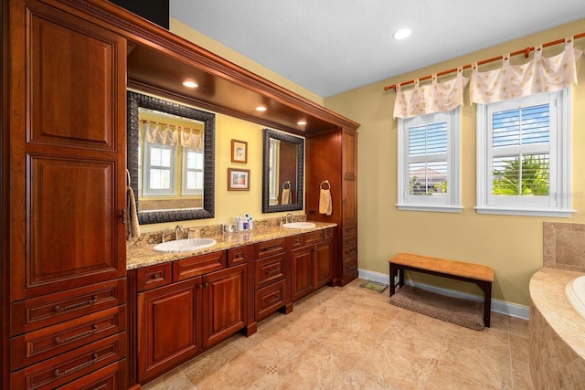 703 Islebay Dr, Apollo Beach, FL 33572 - full bathroom with plenty of natural light, double vanity, a garden tub, and recessed lighting