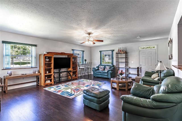 2719 N 91 Mine Rd, Bartow, FL 33830 - living room with a textured ceiling, a ceiling fan, and wood finished floors
