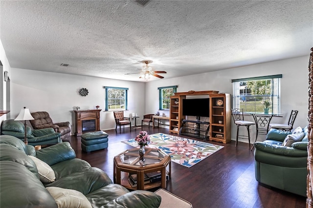 2719 N 91 Mine Rd, Bartow, FL 33830 - living area with a textured ceiling, ceiling fan, wood finished floors, and a glass covered fireplace