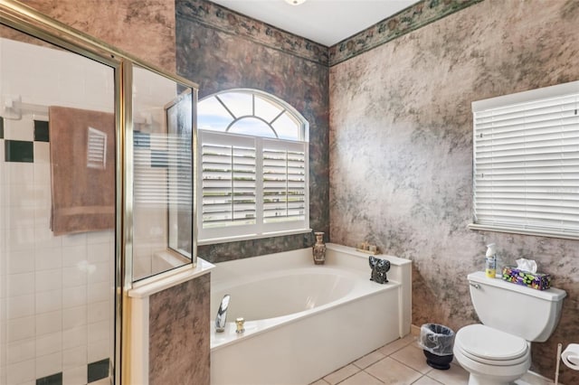 8704 Cypress Lakes Blvd, New Port Richey, FL 34653 - full bathroom with a bath, a shower stall, tile patterned floors, and wallpapered walls