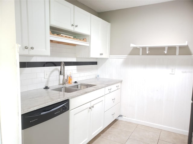 2227 Grenadier Dr Unit 140, Sun City Center, FL 33573 - kitchen featuring dishwasher, open shelves, light stone countertops, white cabinets, and wainscoting