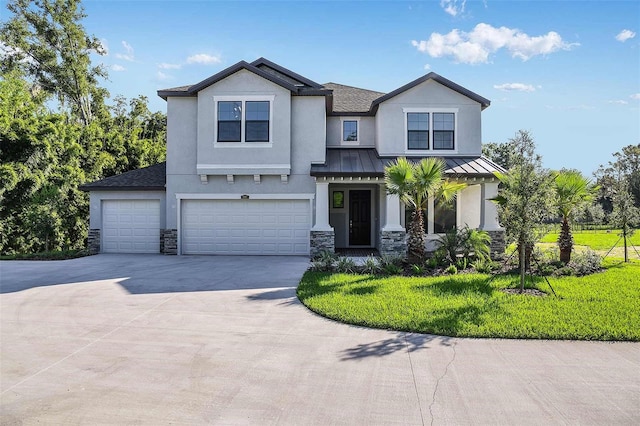 18469 Purple Creek Ln, Lutz, FL 33549 - view of front of property with a standing seam roof, an attached garage, concrete driveway, stone siding, and stucco siding