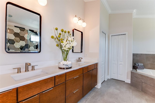 18469 Purple Creek Ln, Lutz, FL 33549 - full bathroom with crown molding, a bath, double vanity, a closet, and tile patterned flooring