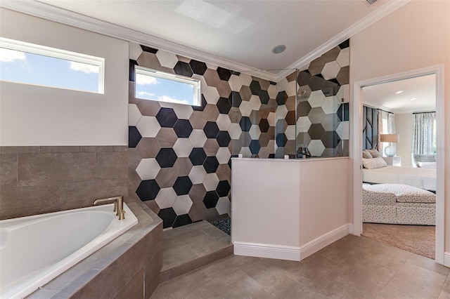 18469 Purple Creek Ln, Lutz, FL 33549 - full bath featuring a garden tub, ensuite bath, crown molding, walk in shower, and tile patterned floors
