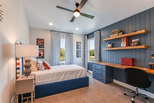 18469 Purple Creek Ln, Lutz, FL 33549 - bedroom with carpet flooring, built in desk, recessed lighting, and ceiling fan